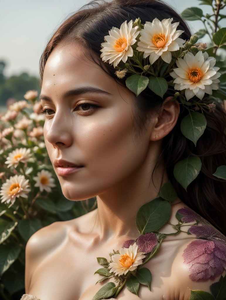 Woman with flowers growing out of skin