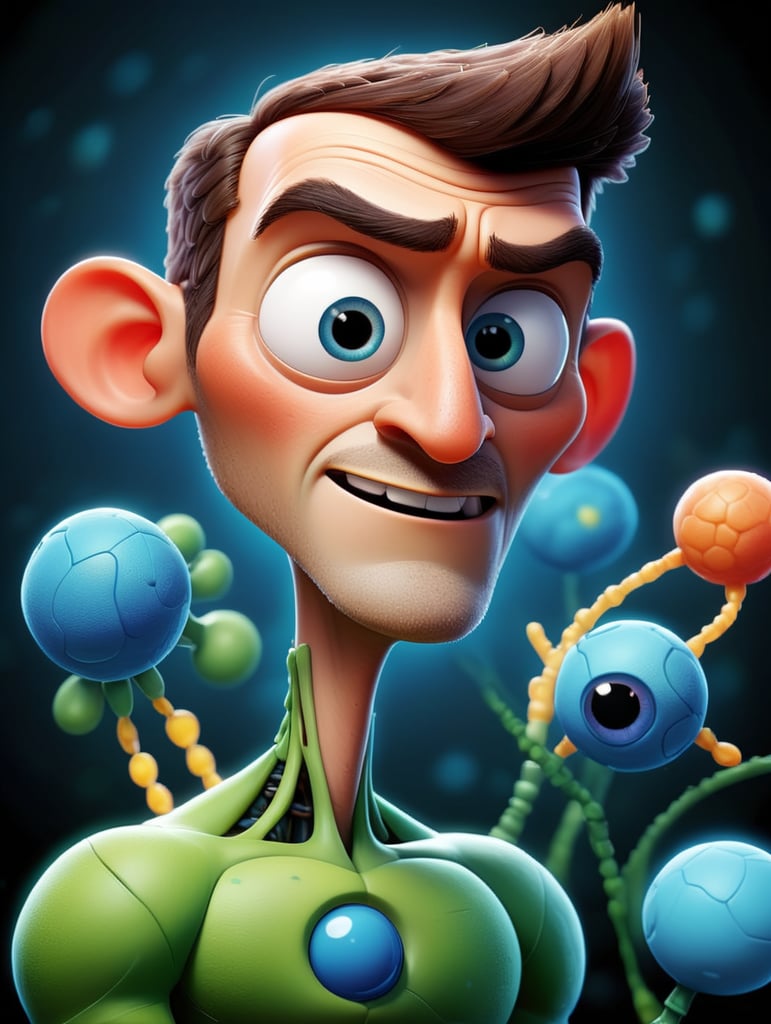 Generate a highly detailed and scientifically accurate illustration of Last Universal Common Ancestor, biology, Illustration, dna cell, abstract, morphological form, drawn facial features. Make sure that the illustration accurately depicts the structure of the cell. The final image should reflect the intricate and delicate nature of this essential cellular structure, adhering to current scientific knowledge and visual standards for accuracy