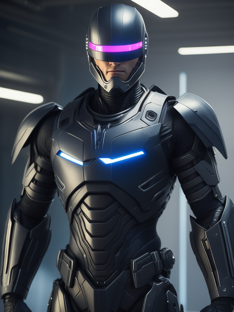 Robocop, armadura nova, dentro do laboratório de inovação, luz cenica azul, detlhado, cinema