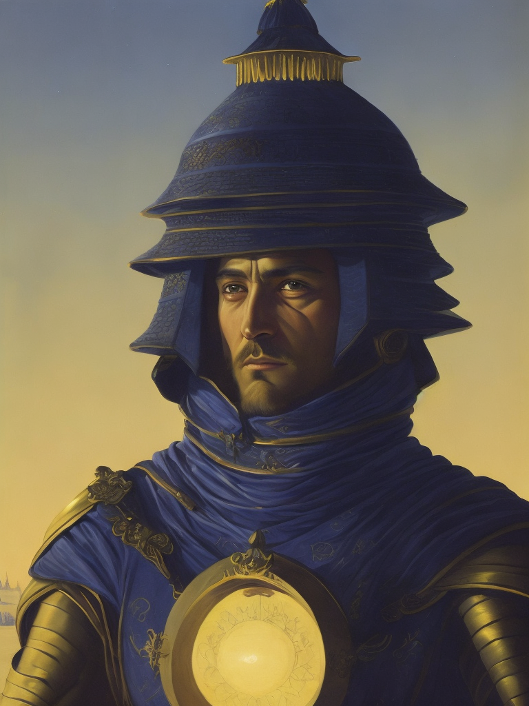 stunning three-quarter portrait of a hammurabi warrior radium radish, background onion dome temple, blue hour, cherenkov glow, highly detailed, by Donato Giancola, Hyacinthe Rigaud, N.C. Wyeth, Nicolas de Stael