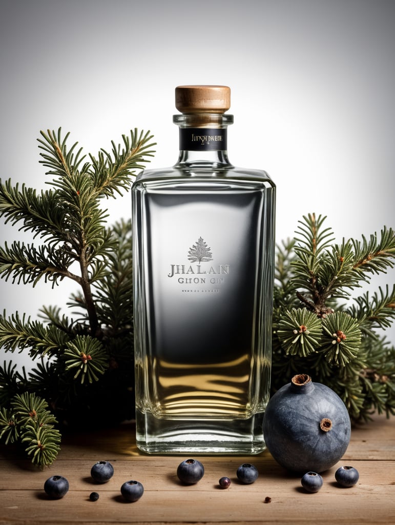 professional photography of a square gin bottle, square bottle, surrounding a juniper and juniper berries, one shot of gin in a front, no label, clear, mockup