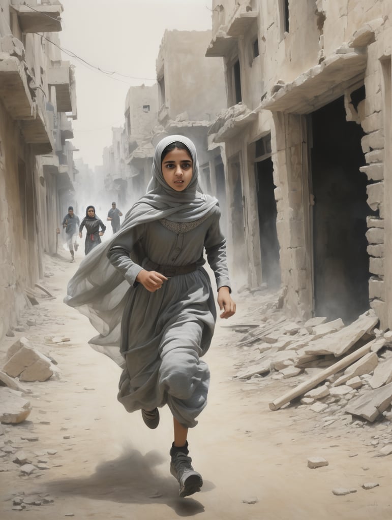 A pencil drawing of a young veiled girl with Arab features running away from a soldier running after her, in a neighborhood of the destroyed city of Aleppo.