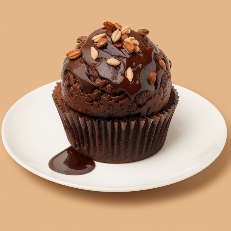 chocolate muffin with nuts on a plate, focus on details, high quality photo