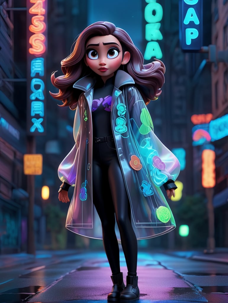 A women wearing translucent coat, standing on a street, neon cyber city, dark night, neon signs