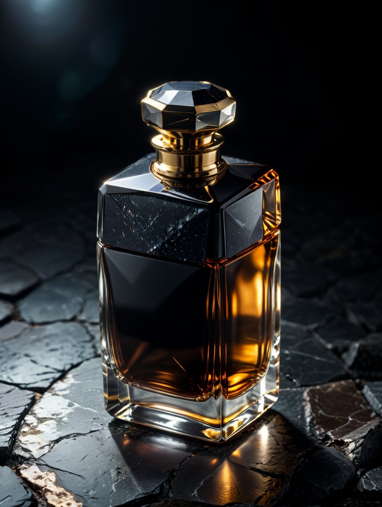 professional photography of a luxury perfume, square chrome bottle, faceted black stone in the form of a cap, in the space, no label, clear, mockup