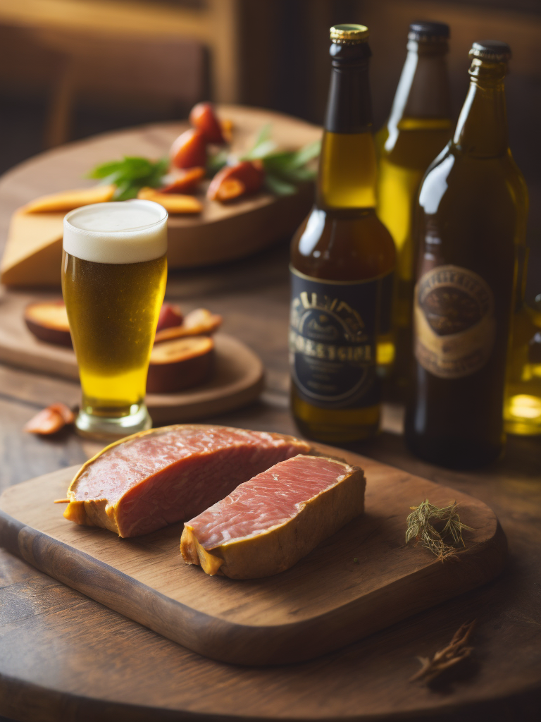 A rustic wooden table with the products on top beer bottle, olive oil cheese ham meat skewers harmonically aligned with a cozy atmosphere in the background passing the image of happiness super realistic art