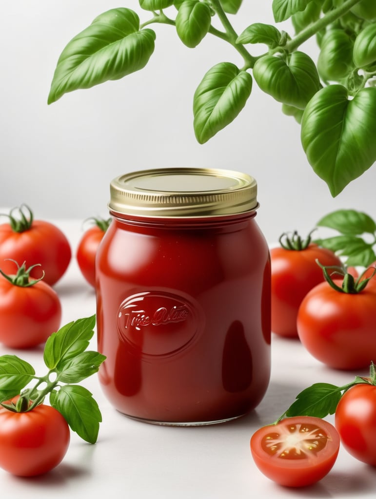 tomato ketchup jar, red tomato with green leaves, isolated, white background, mockup