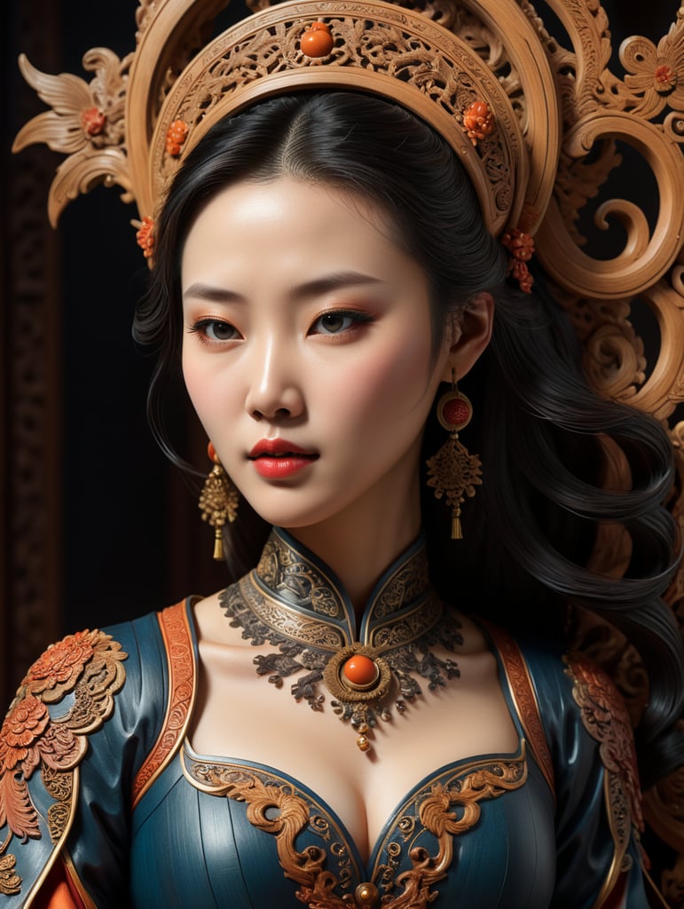 a graceful woman, Chinese Wood carving, retro, textured, prominent details, minimalist, modeling, high-definition, fine, light and shadow, single object, shoot by a sony camera, 35mm, intricate designs, delicate details, and high level of craftsmanship, aesthetic beauty, cultural significance, and historical importance