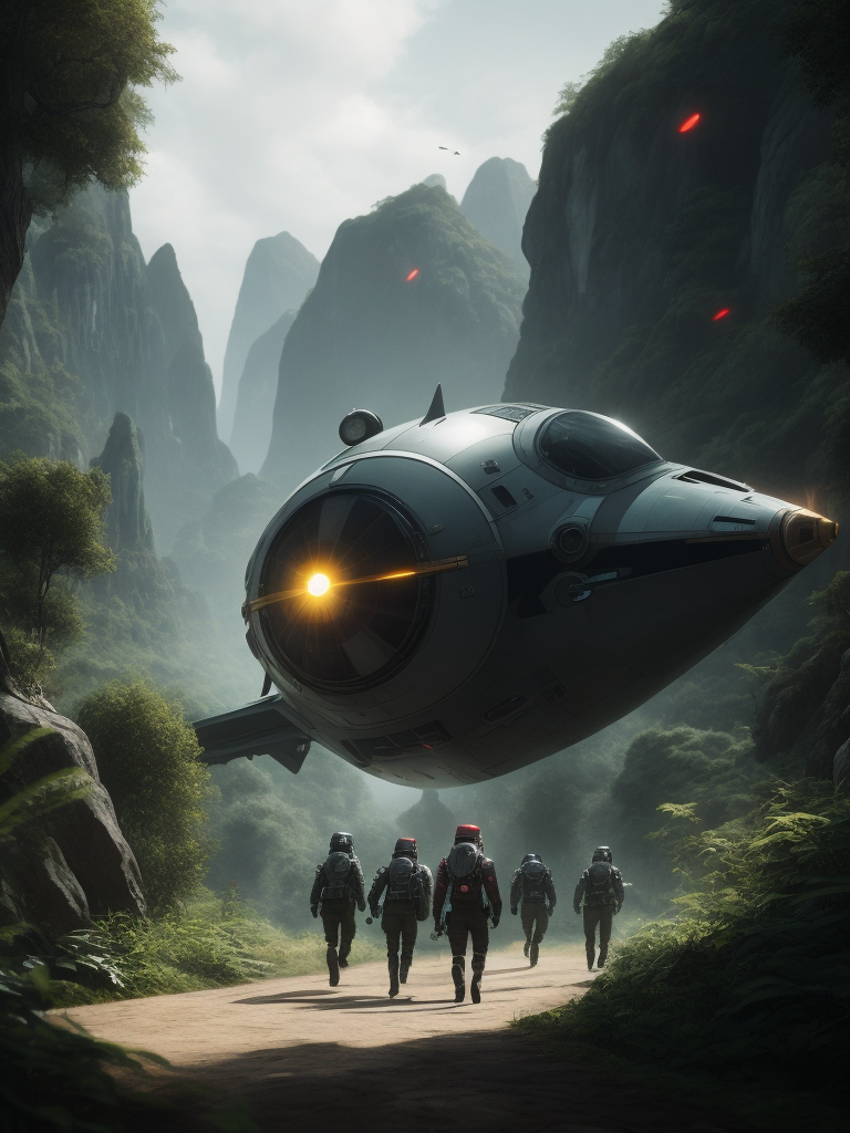 Sci-fi FPS splash screen, a small spaceship in the foreground, a group of spacemen walking away, impressive vegetation, fantasy creatures in the background, fantasy vegetation, Unreal Engine 5, developed by dice, cinematic colour, Ultra-details, 4k