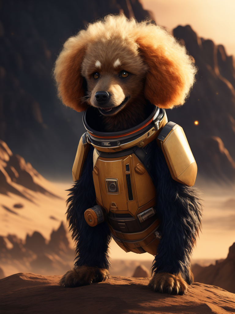 A curly poodle like a Rocket Raccoon from Guardians of the Galaxy wearing astronaut costume on the Mars