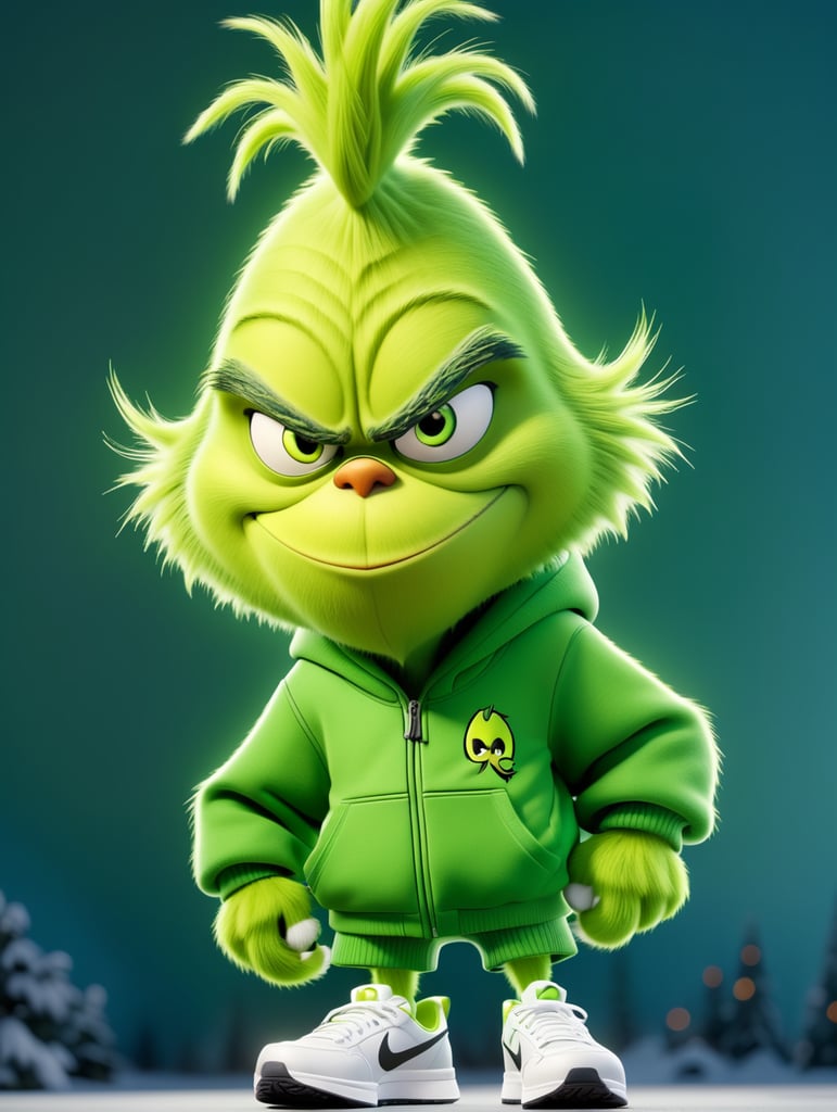 Grinch wearing hoodie and nike shoes