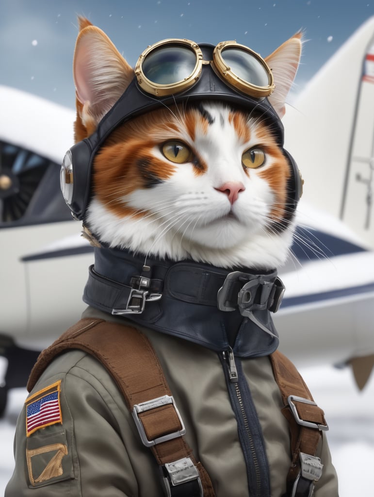 Photorealistic portrait of a calico cat in a pilot's outfit, realism, a plane in the background, snow