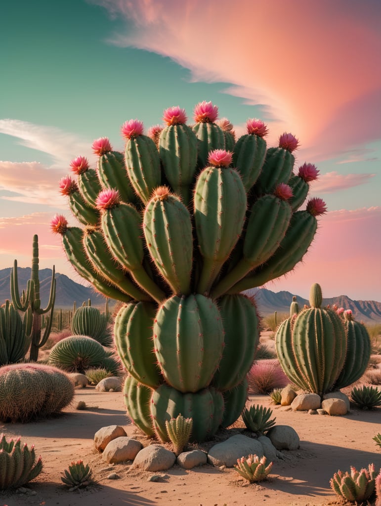 pink cactus in a green desert with an orange sky in the background, retro movie poster, highly detailed, 8k