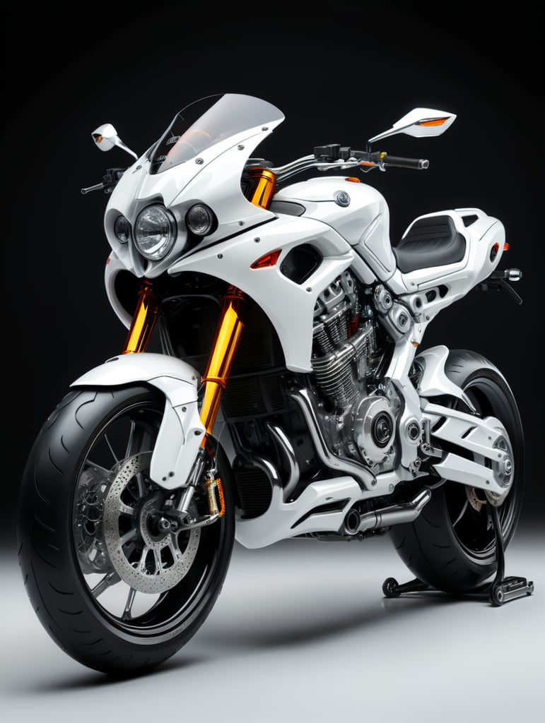 Futuristic white motorbike, low angle view, isolated, white background, mockup