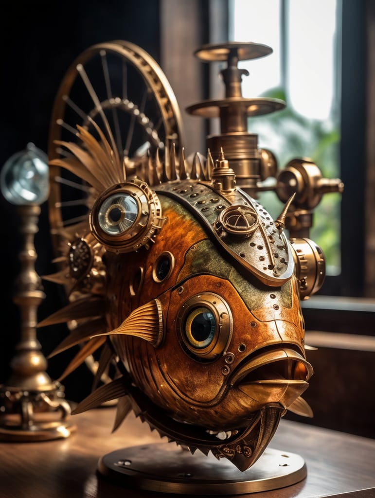 Beautiful tropical fish made by a skilled craftsman in medieval steampunk style