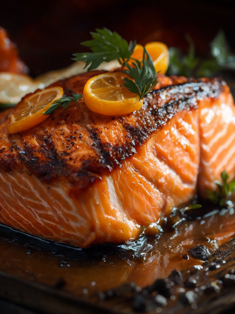 macro photography of a grilled salmon