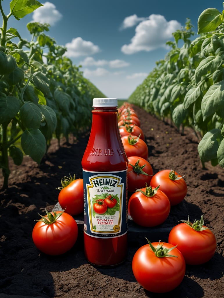 several red tomatoes stacked together forming a Heinz ketchup bottle with some leaves around it, beautiful tomato plantation in the background and a blue sky, short grass and yellow flower + yellow flowers + creamy light + ambient lighting + very beautiful colors