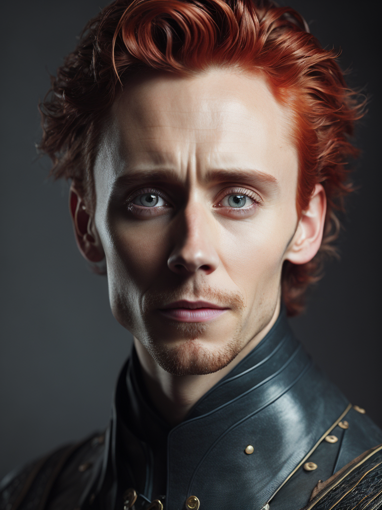 Portrait of Tom hiddleston with red hair in medieval style, detailed face, contrasting light