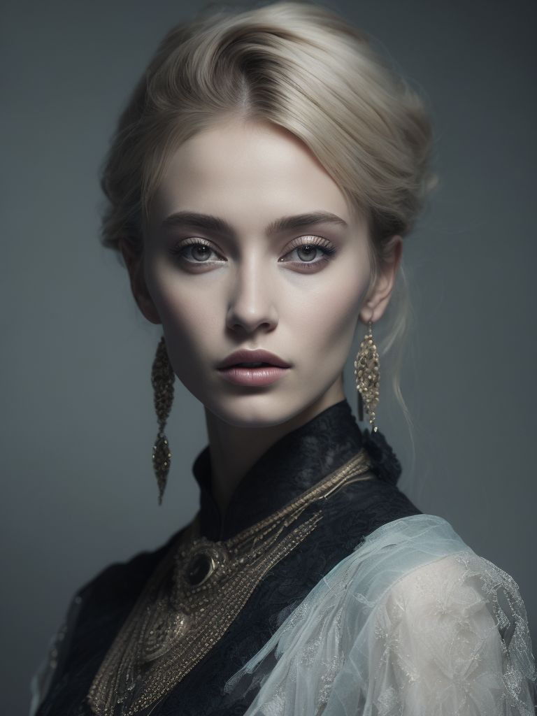 A beautiful painting featuring a young blonde woman and jewelry, in the style of zhang jingna, rinko kawauchi, baroque - inspired details, dark gold and light blue, fanciful, dreamlike imagery, hyper - realistic details, enchanting realms