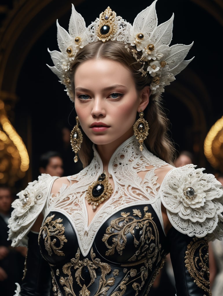 Fashion model walking down a catwalk, elaborate dress by alexander mcqueen, detailed face, beautiful feminine face, art by julia hetta and giampaolo sgura and pamela hanson and david roemer and mario testino and lara jade and tim walker and cole sprouse