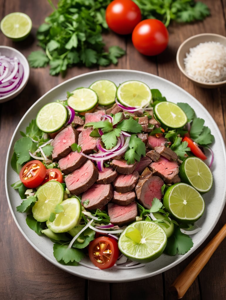 Thai Beef Salad (Yam Nua), small plate on a wooden table, Description: A zesty Thai salad featuring grilled beef, mixed with fresh herbs, cucumber, red onion, and tomatoes, and dressed with a tangy lime dressing.