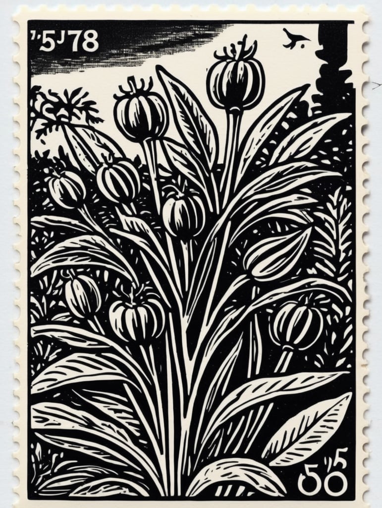 Black and white linocut postage stamp pepper garden thick bold dark lines