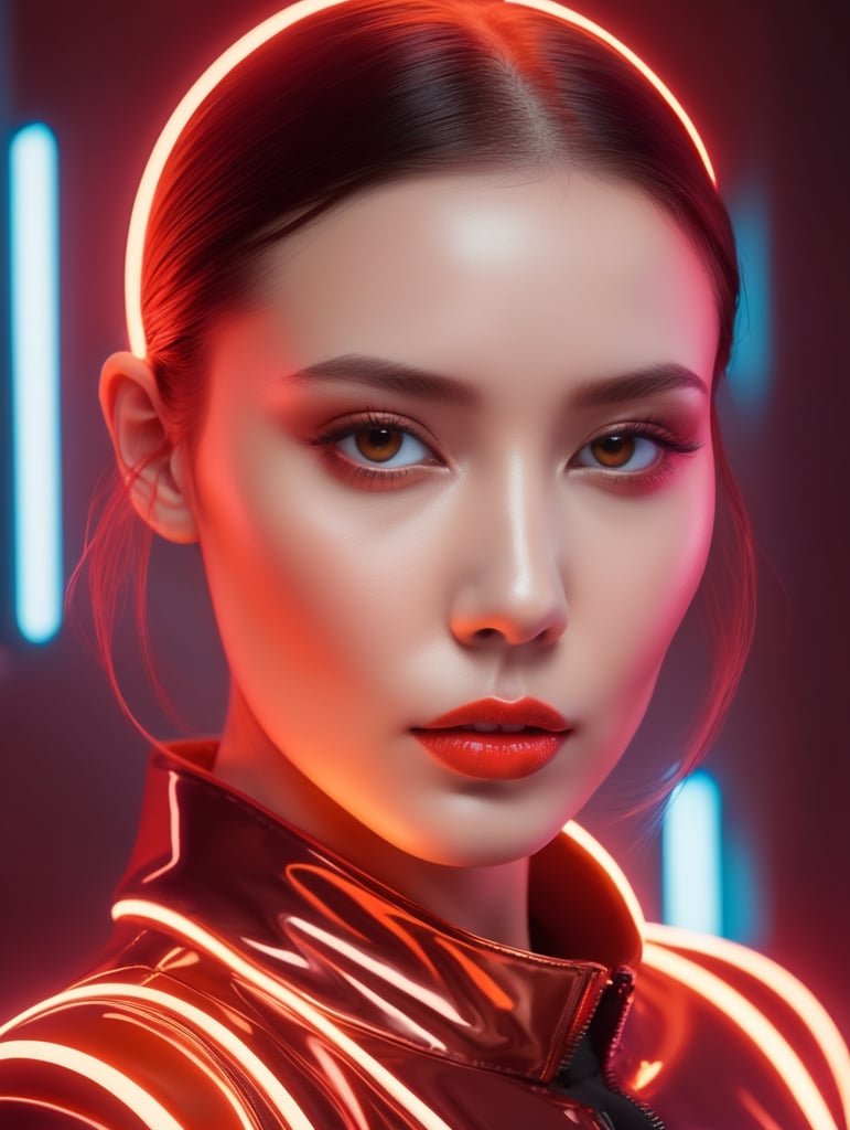 a woman is modeling for the photographer in the style of neon-infused digitalism, light crimson and bronze, vibrant portraits, mike winkelmann, close-up, petrina hicks, neon pop