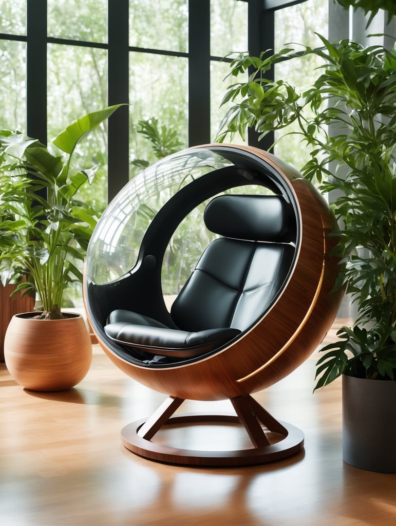 Futuristic sci-fi pod chair, flat design, product-view, editorial photography, transparent orb, product photography, natural lighting, plants, natural daytime lighting, zbrush, 8k, natural wooden environment