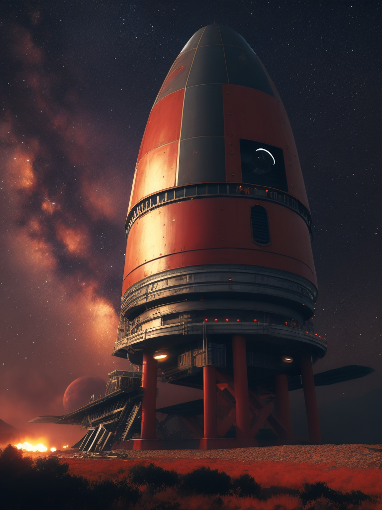 very high quality launch pad with space ship with red landscape and starry sky