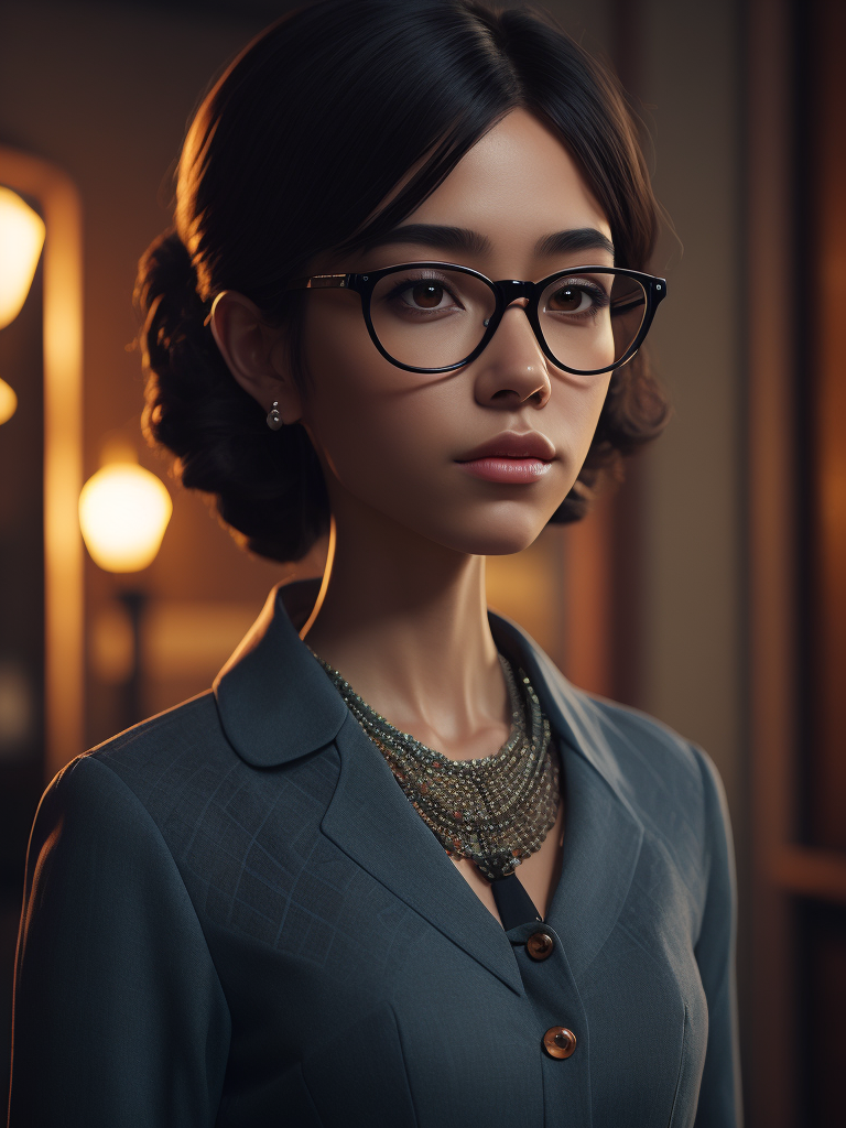 Girl, black hair, Brown eyes, glasses and necklace, Full body, standing centered, Pixar style, 3d style, disney style, 8k, Beautiful, Pixar style girl with black hair brown eyes glasses and necklace