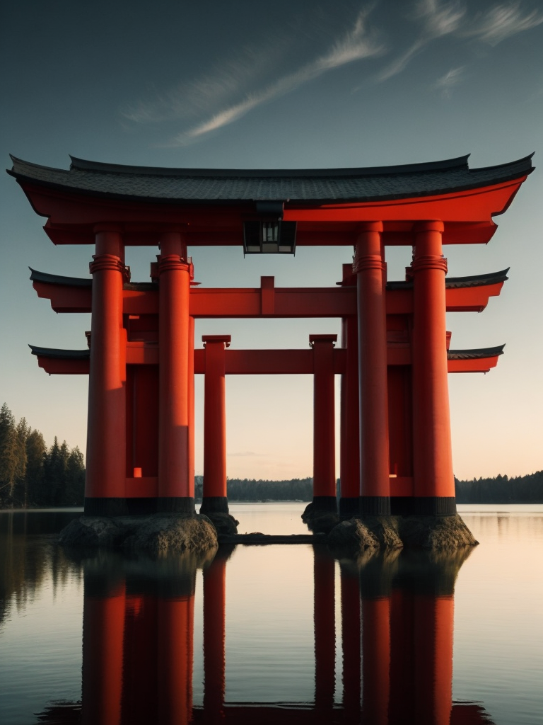 Red torii gate in middle of a lake, Dense forest on the edge of the lake, Bright and saturated colors, Japanese culture, photorealistic, contrast light