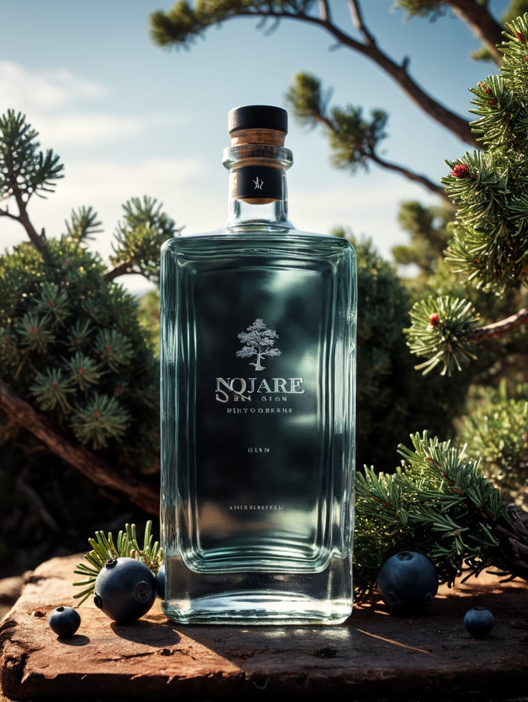 professional photography of a square gin bottle, square bottle, surrounding a juniper and juniper berries, one shot of gin in a front, no label, clear, mockup