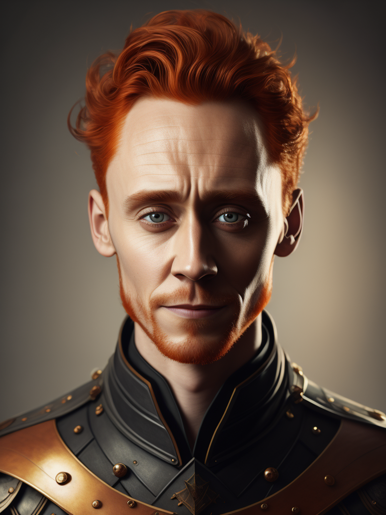 Portrait of Tom hiddleston with red hair in medieval style, detailed face, contrasting light