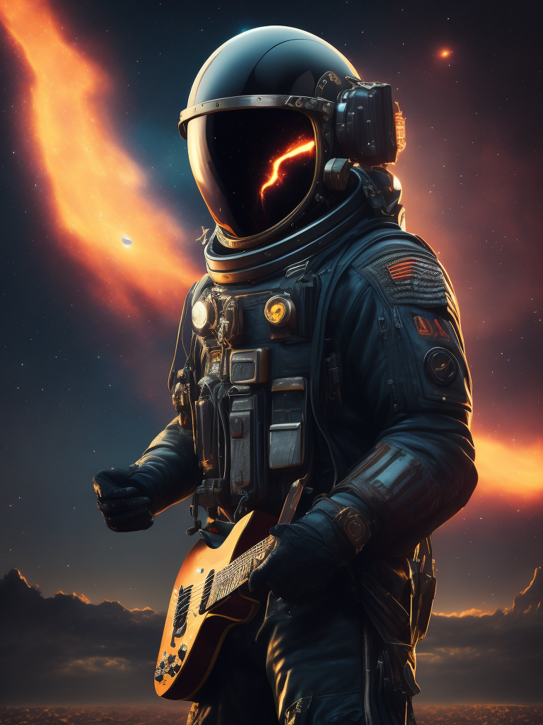 an astronaut in black, facing the universe, playing the guitar instrument, full body, helmet, refractions, daft punk, space in the background, nebula clouds, hyper detailed, digital art, trending in artstation, cinematic lighting, studio quality, smooth render, unreal engine 5 rendered, octane rendered