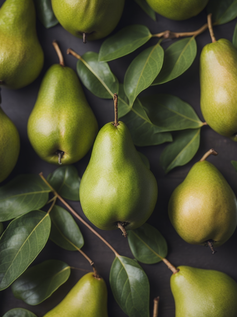 Juicy Pears pattern with green leaves, detailed Pears, macro photo