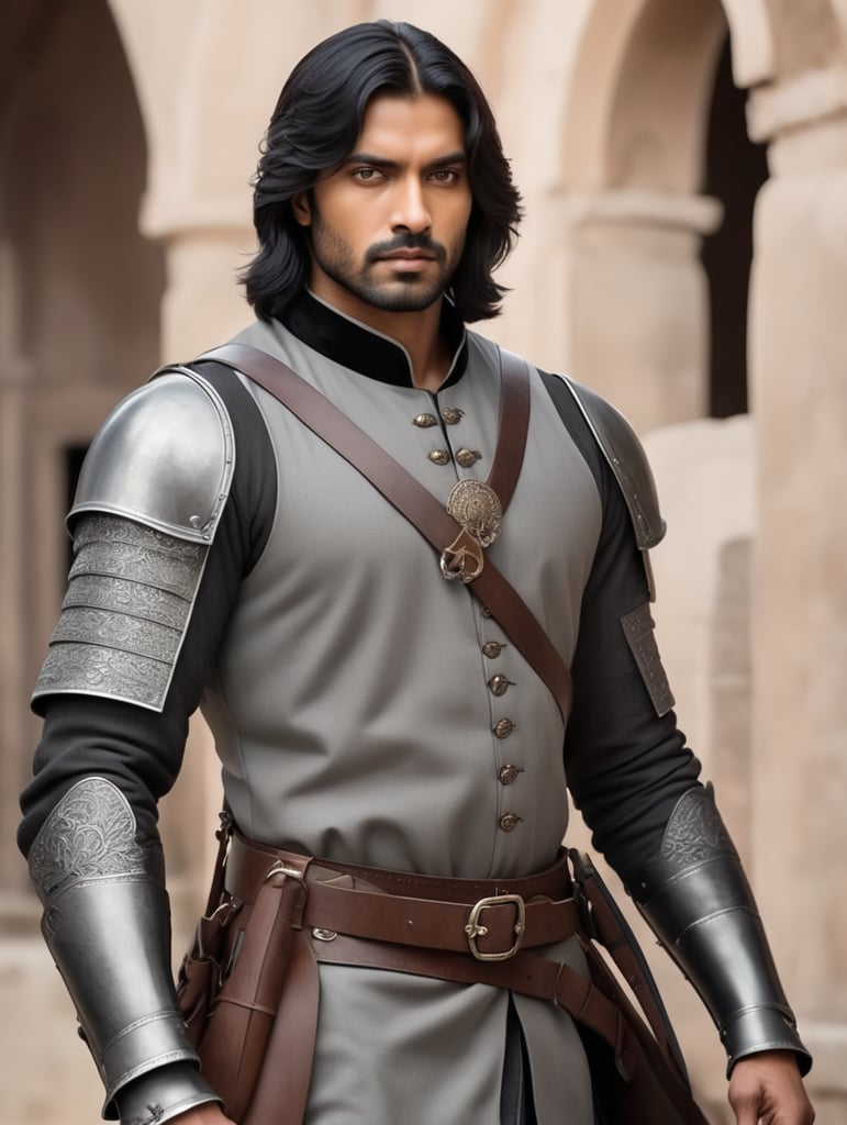 man, black straight loose shoulder-length hair, brown eyes, Indianin Ameryka, equestrian outfit, Middle Ages, outfit color grey.