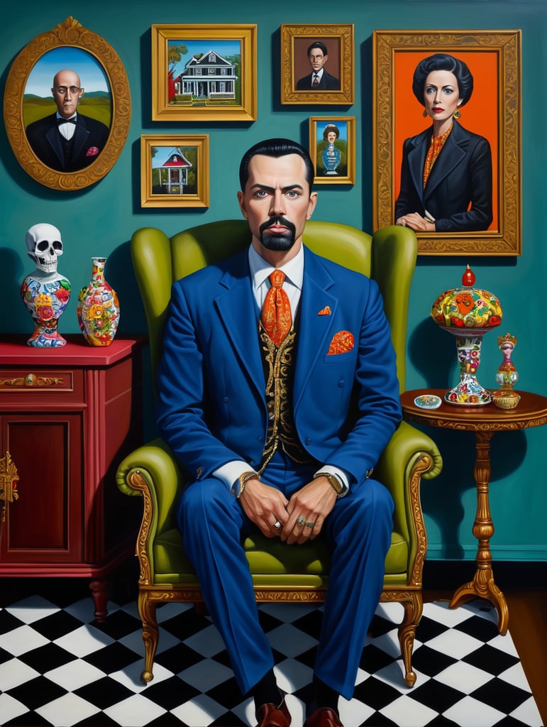 The man who took a debt for a house to death, mort gage, style of Catherine Nolin, Painting, Acrylic, Oil, Portrait, Interior, USA