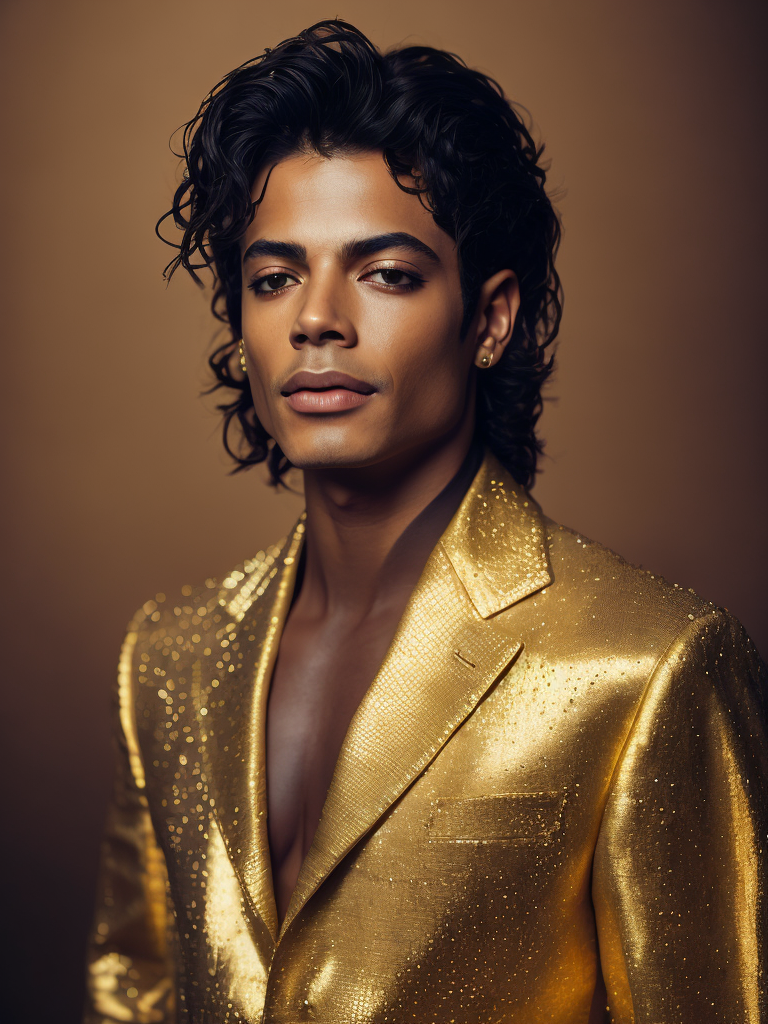 Portrait of Michael Jackson dressed in golden chrome suit, dark gradient background, Vivid saturated colors, Contrast light, studio photo, professional photo, Detailed image, detailed face