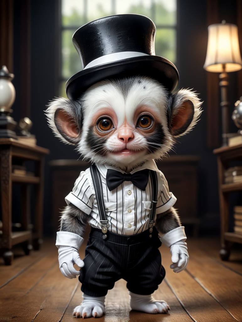 um desenho fofo de um mico filhote, no estilo chibi, 2d, vestido de mimico, com luva branca, suspensório, chapéu coco, maquiagem branca, com detalhes pretos, blusa listrada, calça preta.