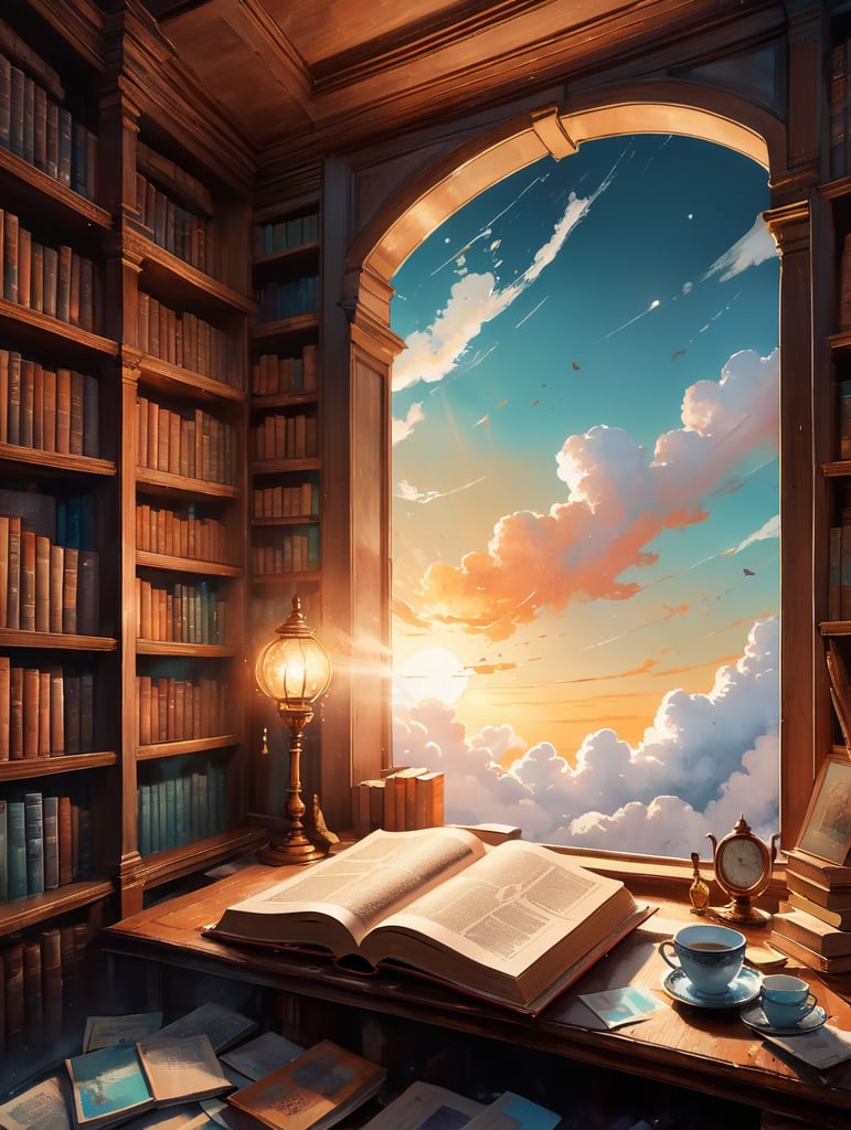 in a cozy library filled with warm light, A large open book sits on a wooden podium, its pages filled with stories waiting to be shared. Above them, fluffy white clouds hang in the air, symbolizing the cloud of ignorance being cleared away. This one frame scene captures the essence of "Clear the Clouds," a show dedicated to sharing flavored tales for the heart and mind, beginning with stories of inspiring Muslim heroes.