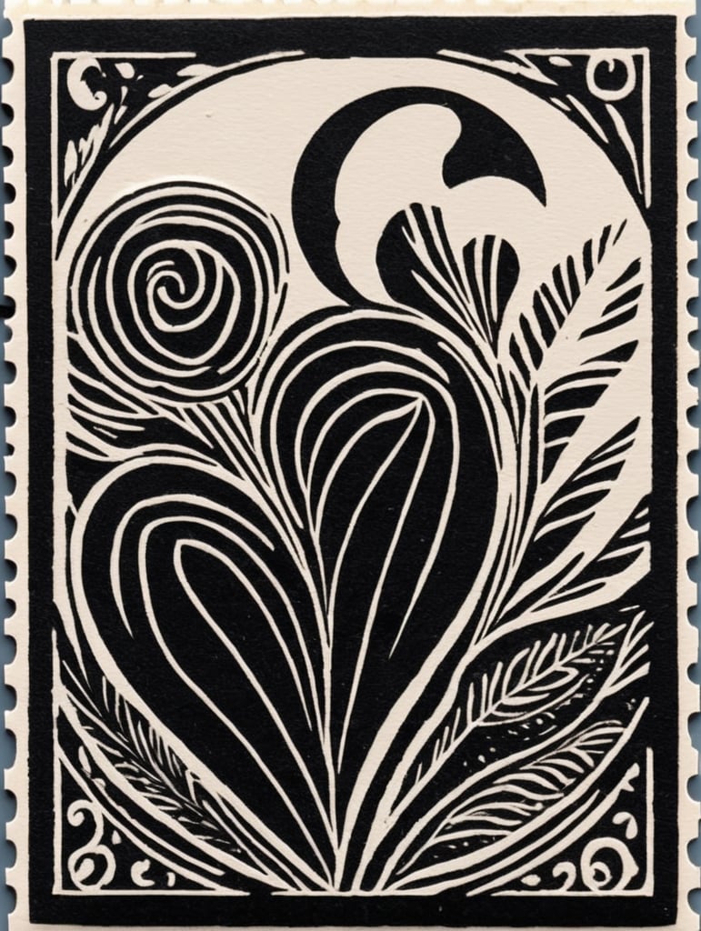 Black and white linocut postage stamp Valentine's Day thick bold dark lines