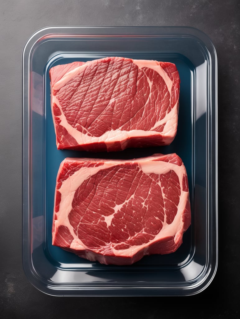 ready of cooking steak new york in a transparent plastic tray, top view, isolated, mockup