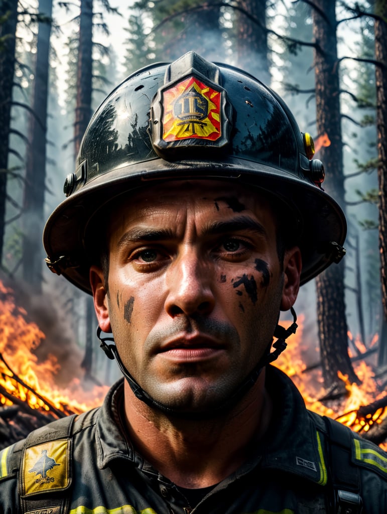 epic portrait of a Firefighter, forest fire, British Columbia Wildfire, Canada