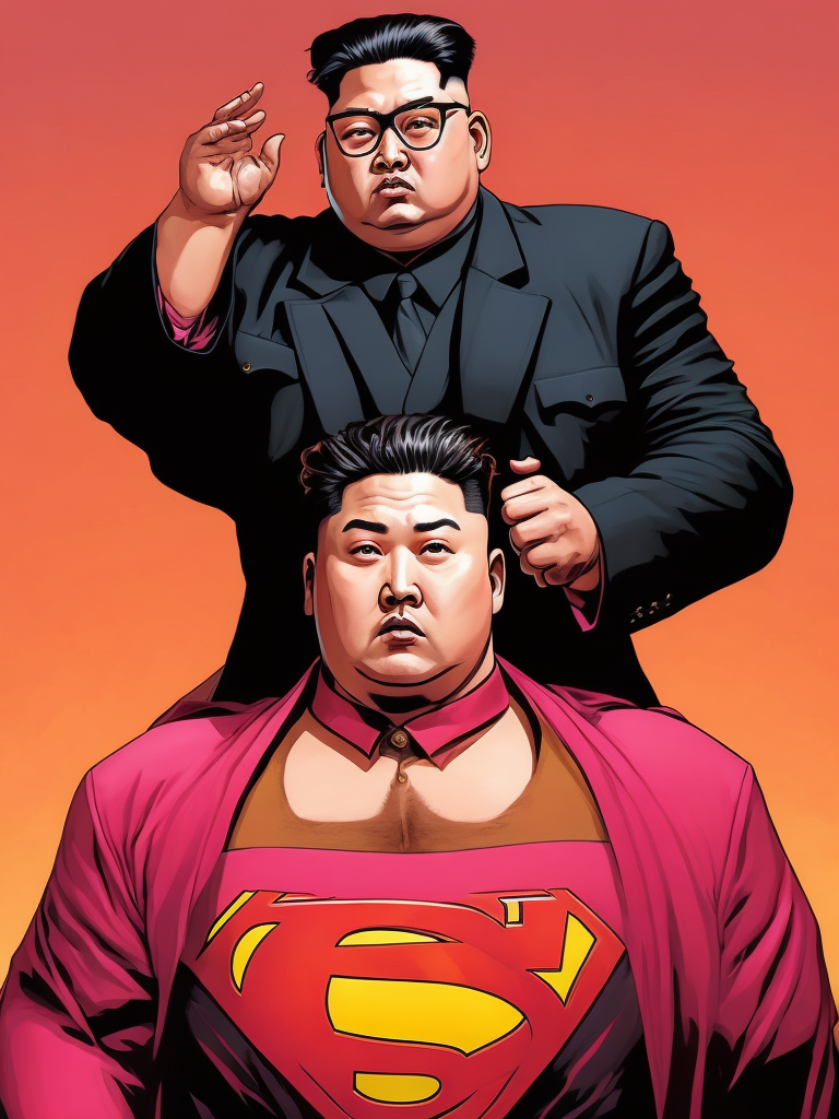 Kim Jong Un Superman, Hero Portrait, Pink colors, Comics, Marvel, Horror, USA, style of Richard Corben