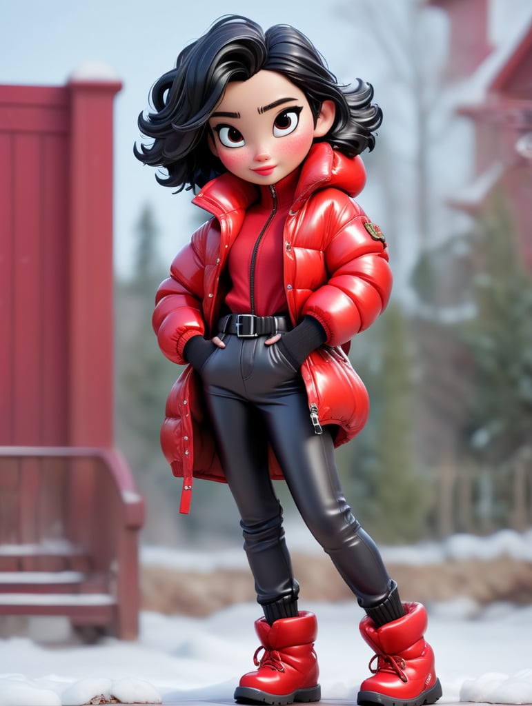 full body girl in a red glossy puffer jacket with bulky belt and massive zipper tab around waist and red glossy down puffer boots