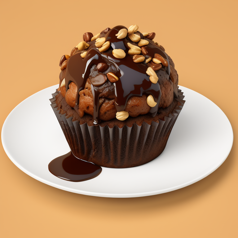 chocolate muffin with nuts on a plate, focus on details, high quality photo