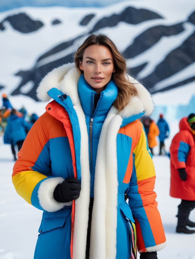 Candid photojournalistic shot] [french supermodel, stunning arctic outfit, antarctica] [colorful gardens, nature celebration] [bluecore, snowcore] [shot on medium format filmschool], cinematic, 8k, masterpiece