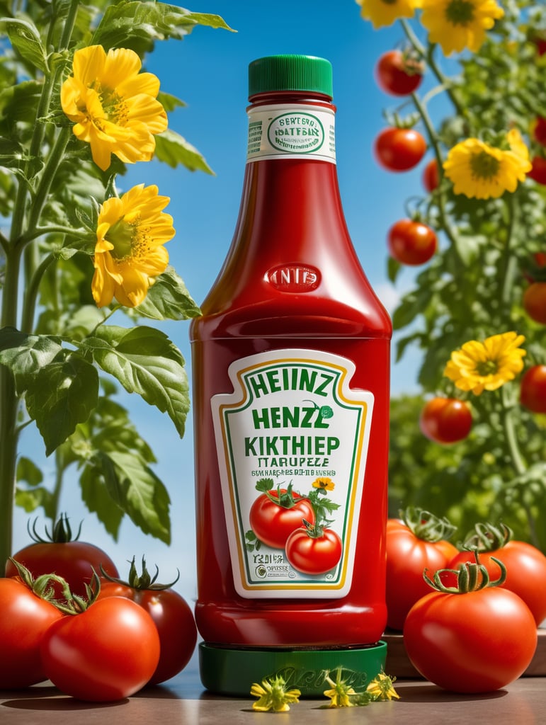 several red tomatoes stacked together forming a Heinz ketchup bottle with some leaves around it, beautiful tomato plantation in the background and a blue sky, short grass and yellow flower + yellow flowers + creamy light + ambient lighting + very beautiful colors