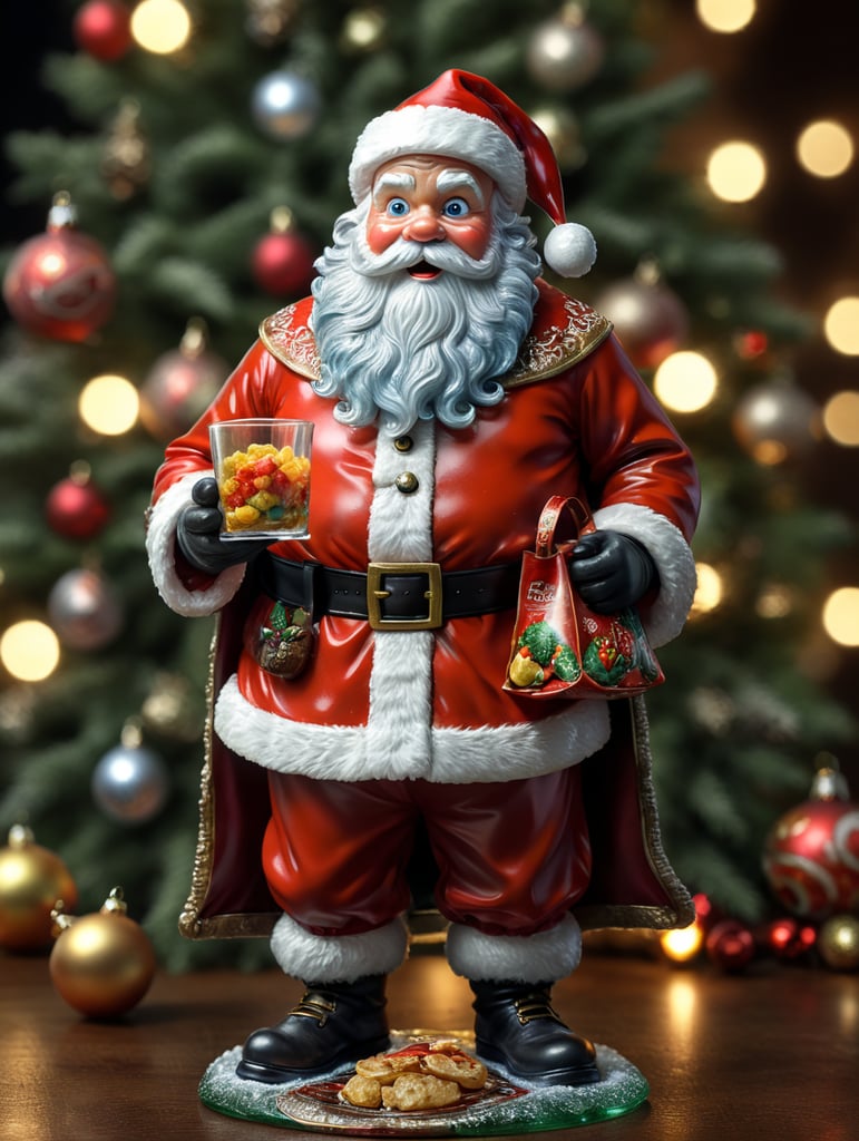 santa claus small glass glass figure, christmas toy for the christmas tree, bag of frozen food in right hand, codfish plate presentation in left hand.