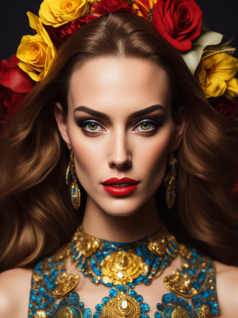 Portrait of Claire Forliani, bright and saturated colors, elegant, highly detailed, vogue, fashion magazine, sharp focus, bright expressive makeup, dramatic lighting, depth of field, incredibly high detailed, blurred background